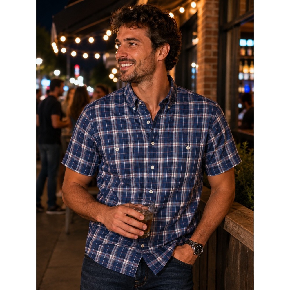 POLO RALPH LAUREN Men's Large Blue Plaid Short Sleeve Shirt -1719‎